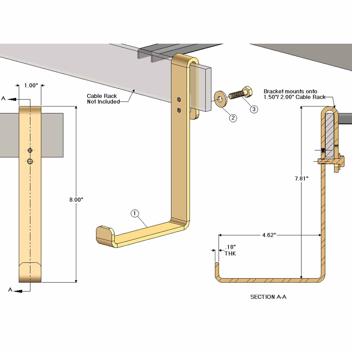 Cable Support for Cable Runway, No Drop, 1-1/2 Shelf, Yellow Zinc